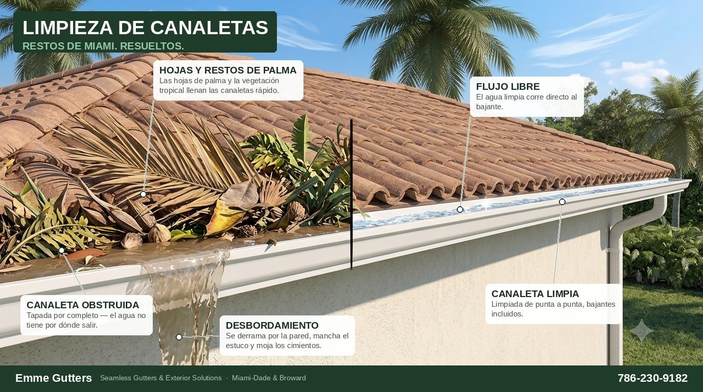 Canaleta obstruida con hojas de palma y restos tropicales desbordándose, junto a una canaleta limpia con flujo libre en Miami — Emme Gutters