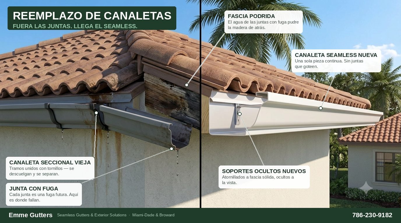 Comparación entre una canaleta seccional vieja con juntas con fugas y fascia podrida y una canaleta seamless de aluminio nueva en Miami — Emme Gutters