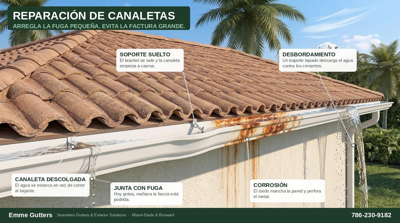 Diagrama de problemas comunes de canaletas en Miami: soporte suelto, canaleta descolgada, junta con fuga, corrosión y desbordamiento — Emme Gutters